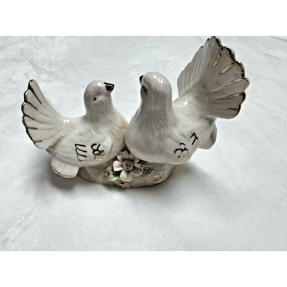 Vintage Love Birds White Doves Porcelain Figurine Gold Trim Cottagecore Wedding